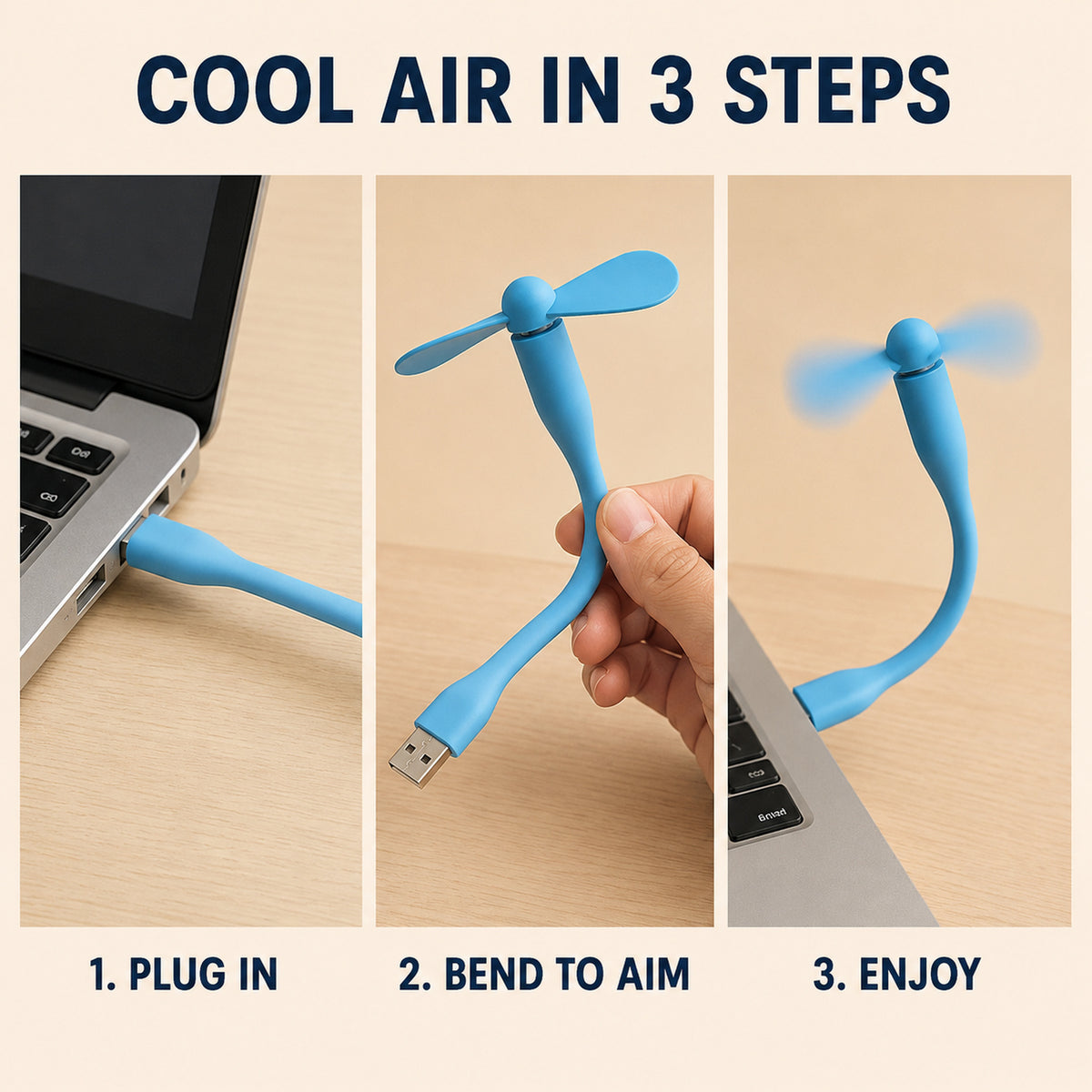 Three panels show a blue flexible USB fan being plugged into a laptop, bent by hand, and then operating.