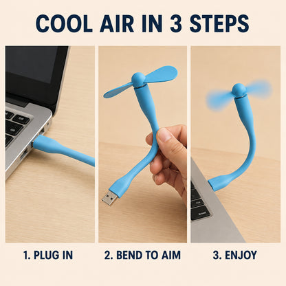 Three panels show a blue flexible USB fan being plugged into a laptop, bent by hand, and then operating.