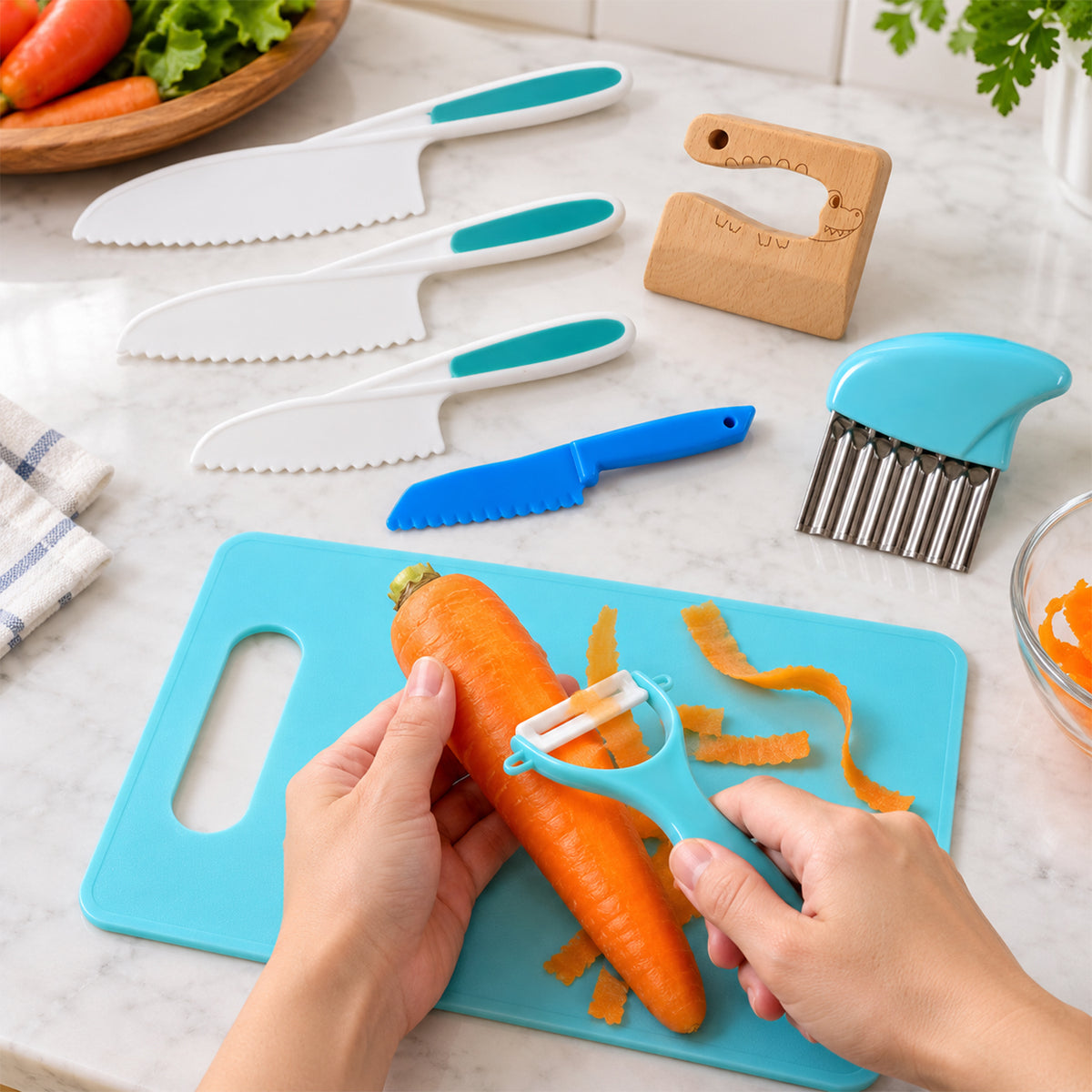 Kids Kitchen Set with Knives, Board, Peeler and Crinkle Cutter (8 In 1)