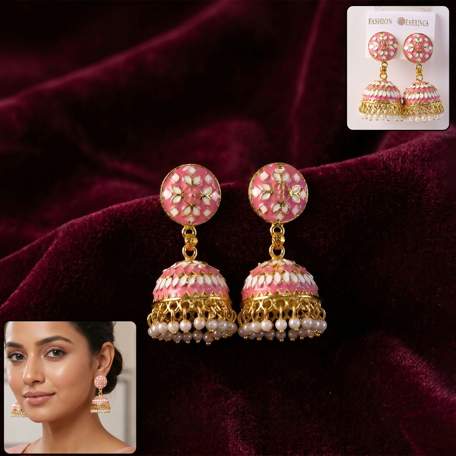 Festive Pink Round Stud Jhumka Earrings with Pearl Hanging