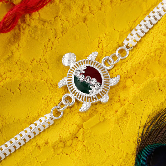 Turtle Moti Red Green Enamel Silver Chain Rakhi for Bhai – Happy Rakshabandhan
