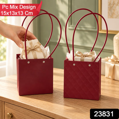 A hand places a small gift into a plain red paper bag, next to a quilted red bag, with text overlays.