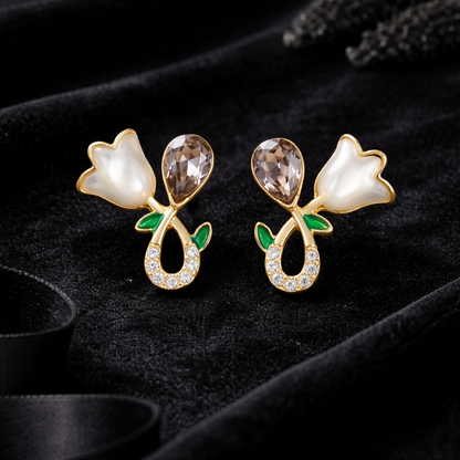 Elegant White Floral Stud Earrings for Women | Gold Plated Crystal Drop Design