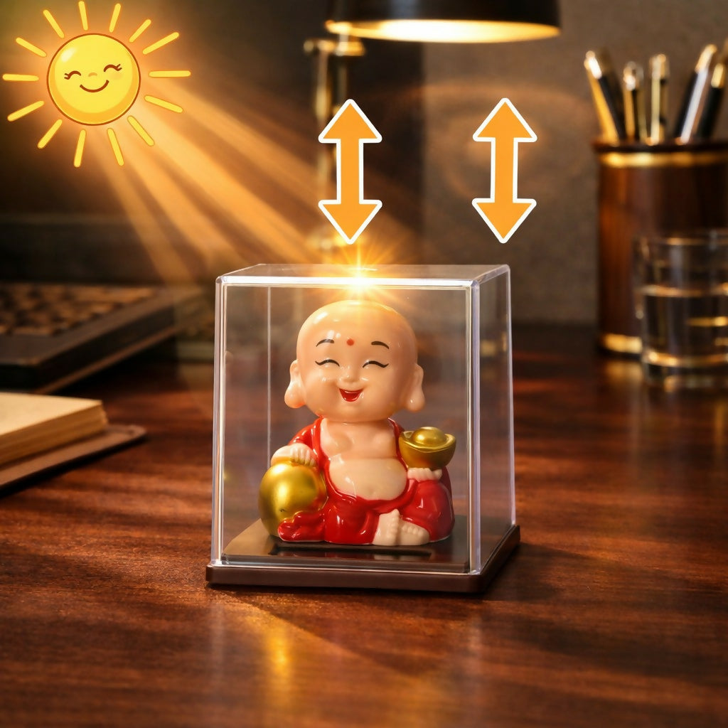 Solar Laughing Buddha Bobble Head with Moving Head Display Case (1 Piece)