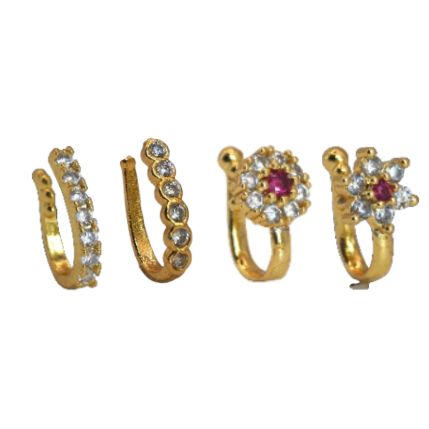 Ruby CZ Gold Plated Non-Piercing Flower Nose Ring/Clip-On Nath Combo Pack of 4