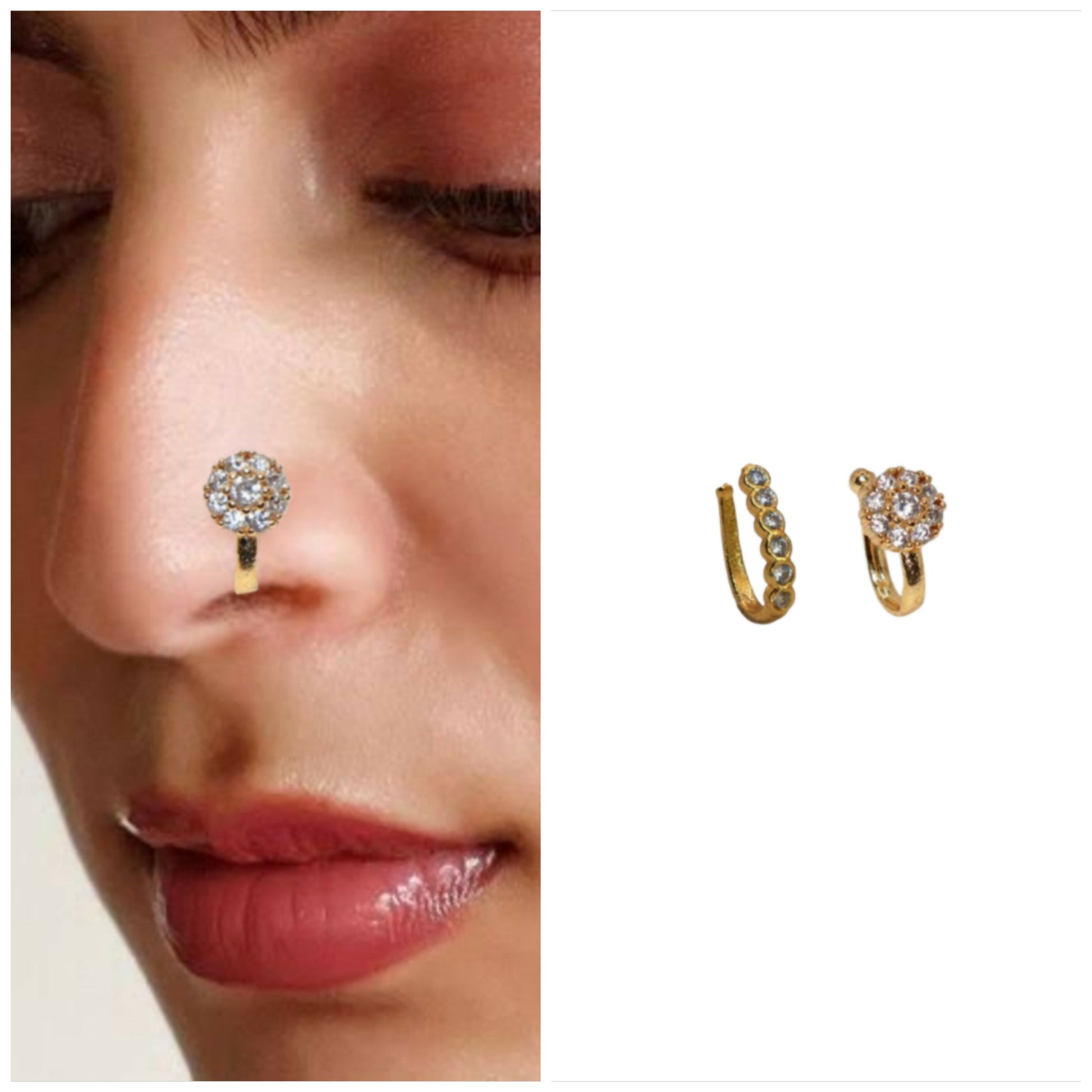Non-Pierced CZ Nath Set (Clip-On): Gold, Silver, Rose Gold Combo Pack of 2
