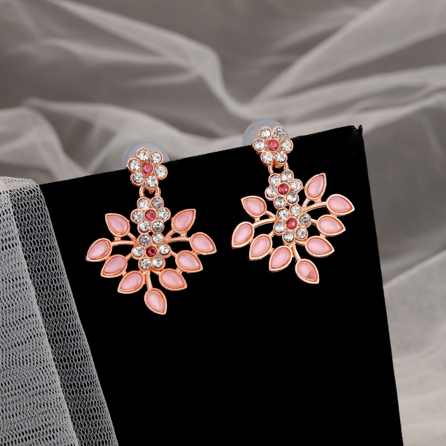 Romantic Rose Gold-Toned Pink Enamel Floral Set