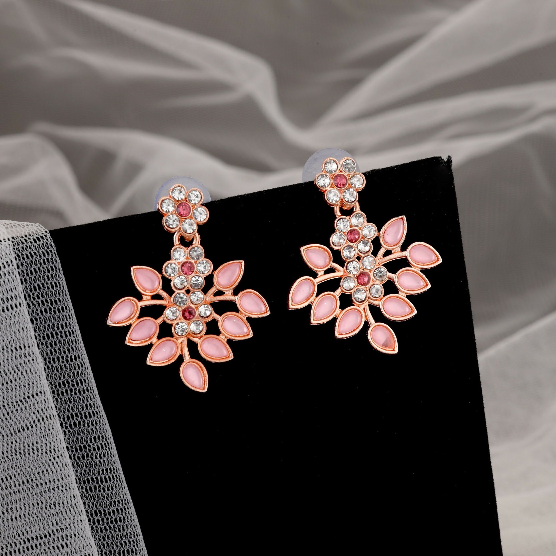 Romantic Rose Gold-Toned Pink Enamel Floral Set
