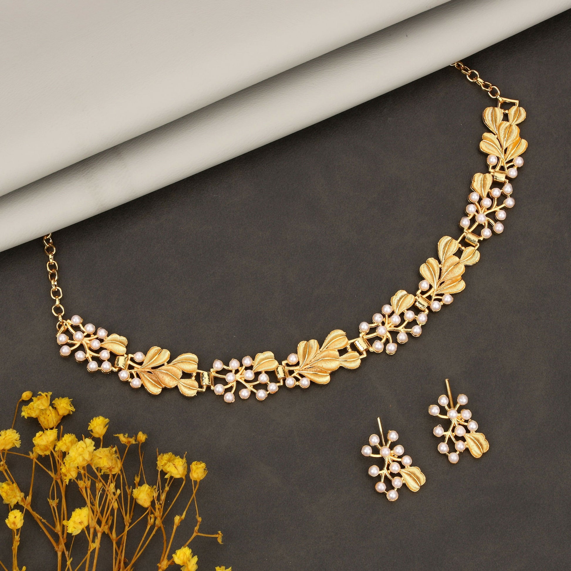 Gold-Tone Leaf & Pearl Choker