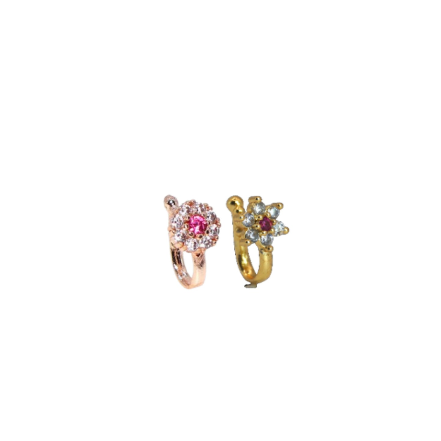 Gold finish clip-on floral nose pin with clear white CZ stone, non-piercing nath combo