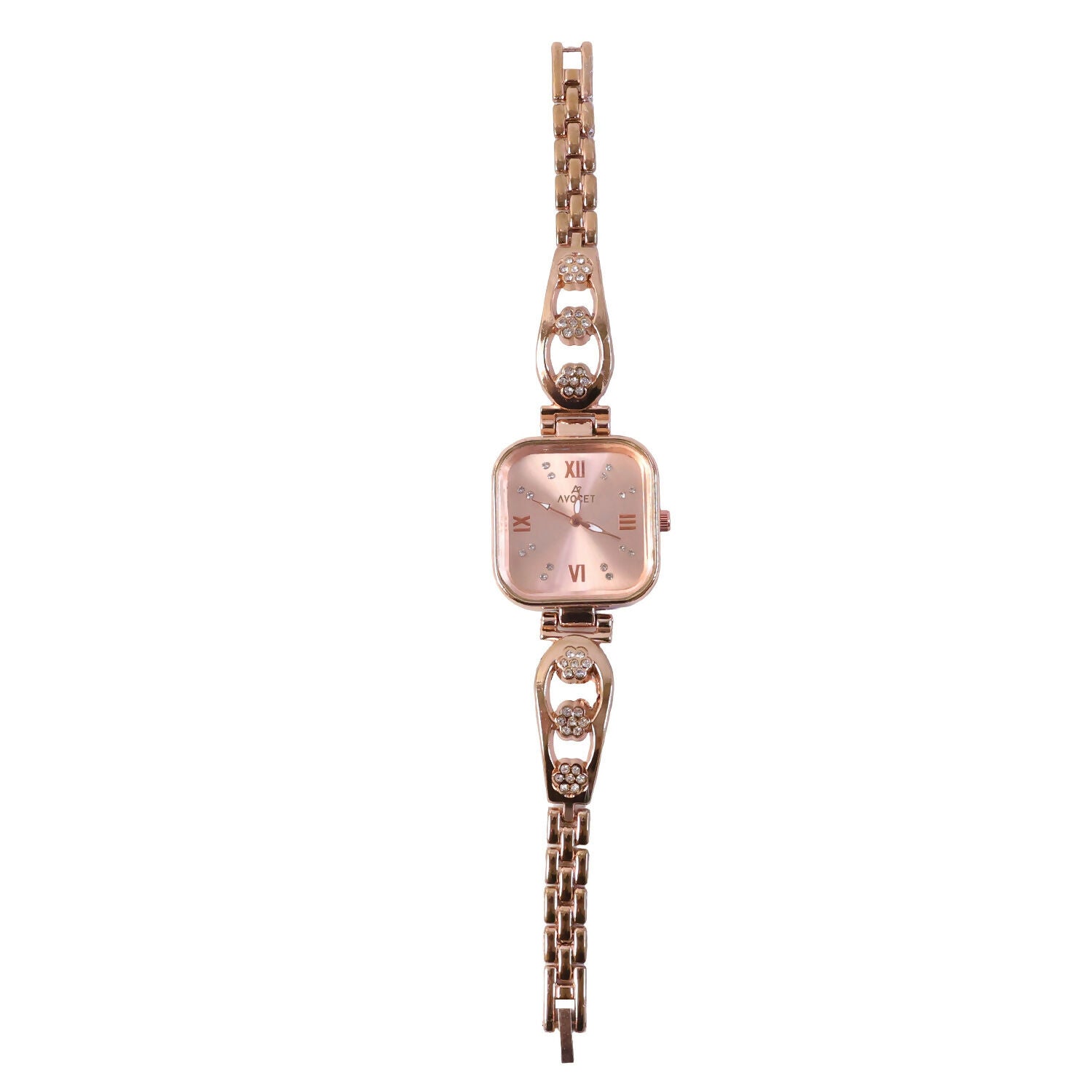 A women's fashion accessory, this rose gold square dial watch with a decorative bracelet.