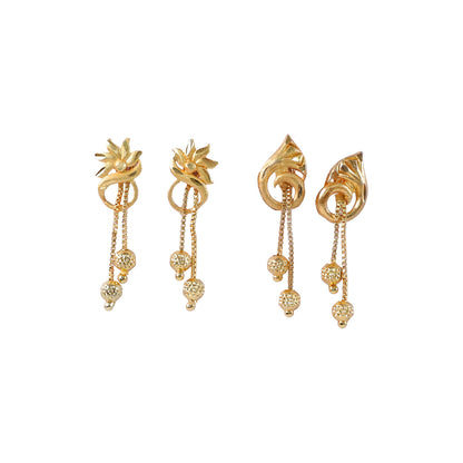 Graceful Flower Crown Gold Dangle Earrings with Bead Drops and Chains (2 Pair)