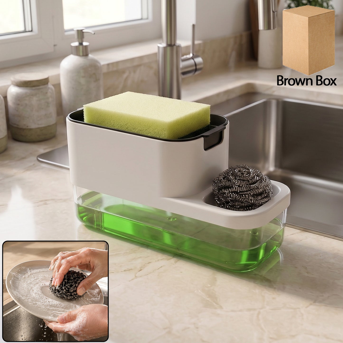2-in-1 plastic dish soap dispenser with sponge holder on kitchen sink