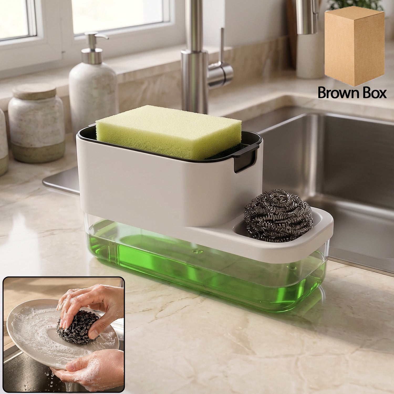 2-in-1 plastic dish soap dispenser with sponge holder on kitchen sink