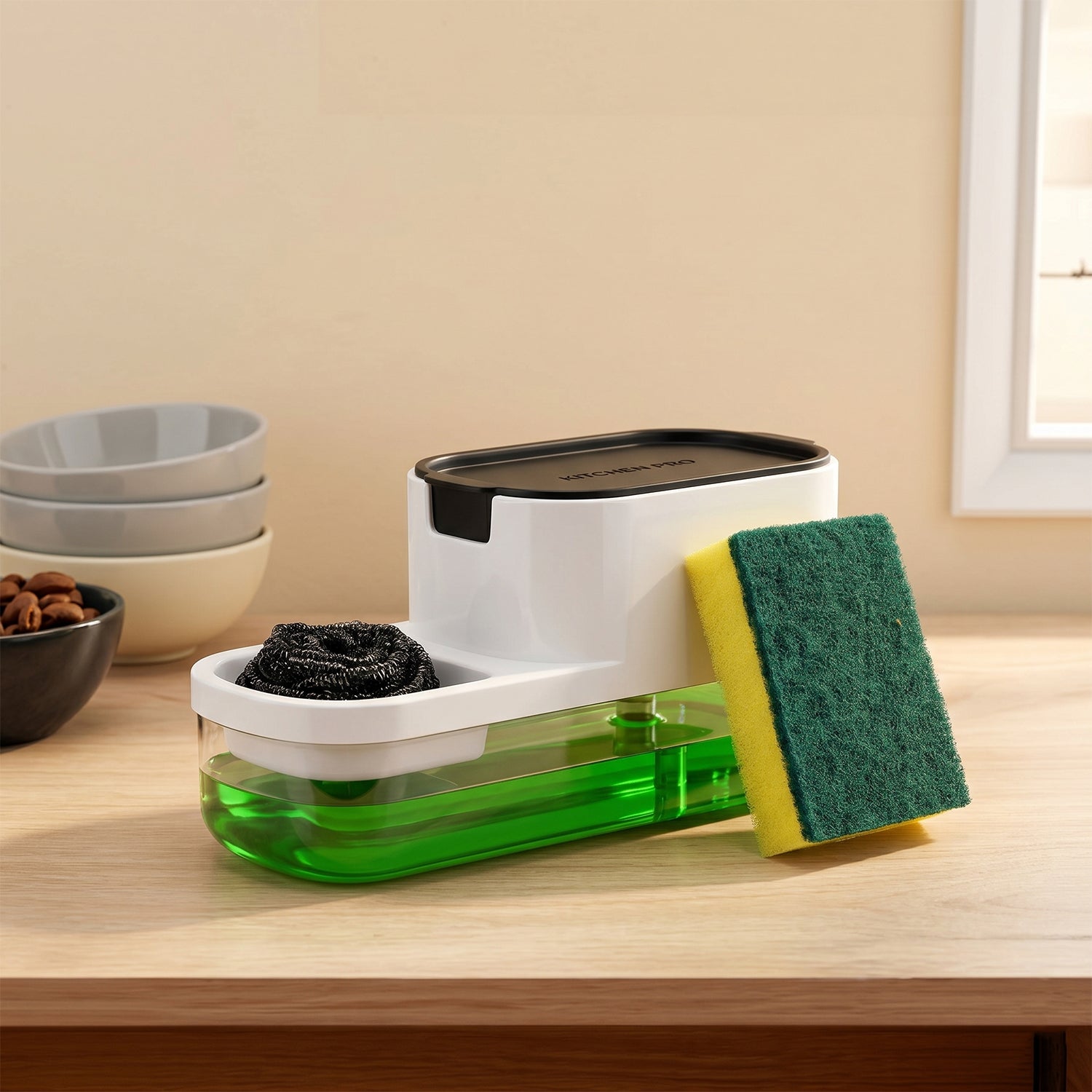 Front view of plastic dish soap liquid dispenser with sponge holder