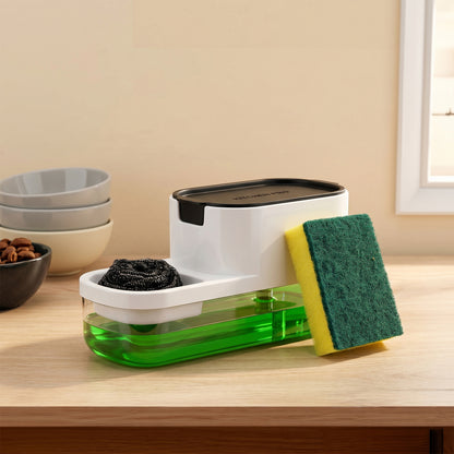 Front view of plastic dish soap liquid dispenser with sponge holder