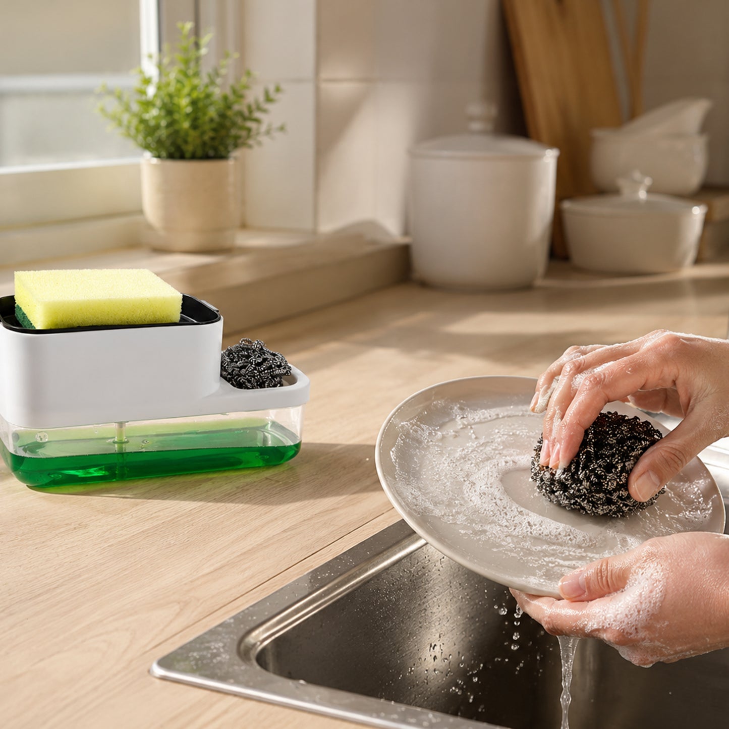 Dish soap dispenser and sponge holder on countertop in kitchen