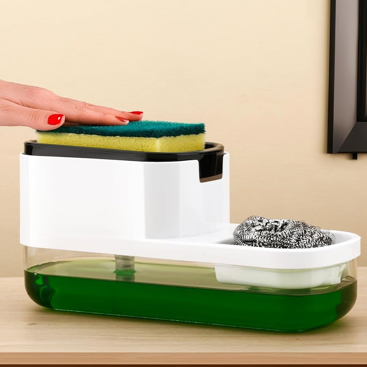 Dish soap dispenser with sponge holder holding dish cleaning tools