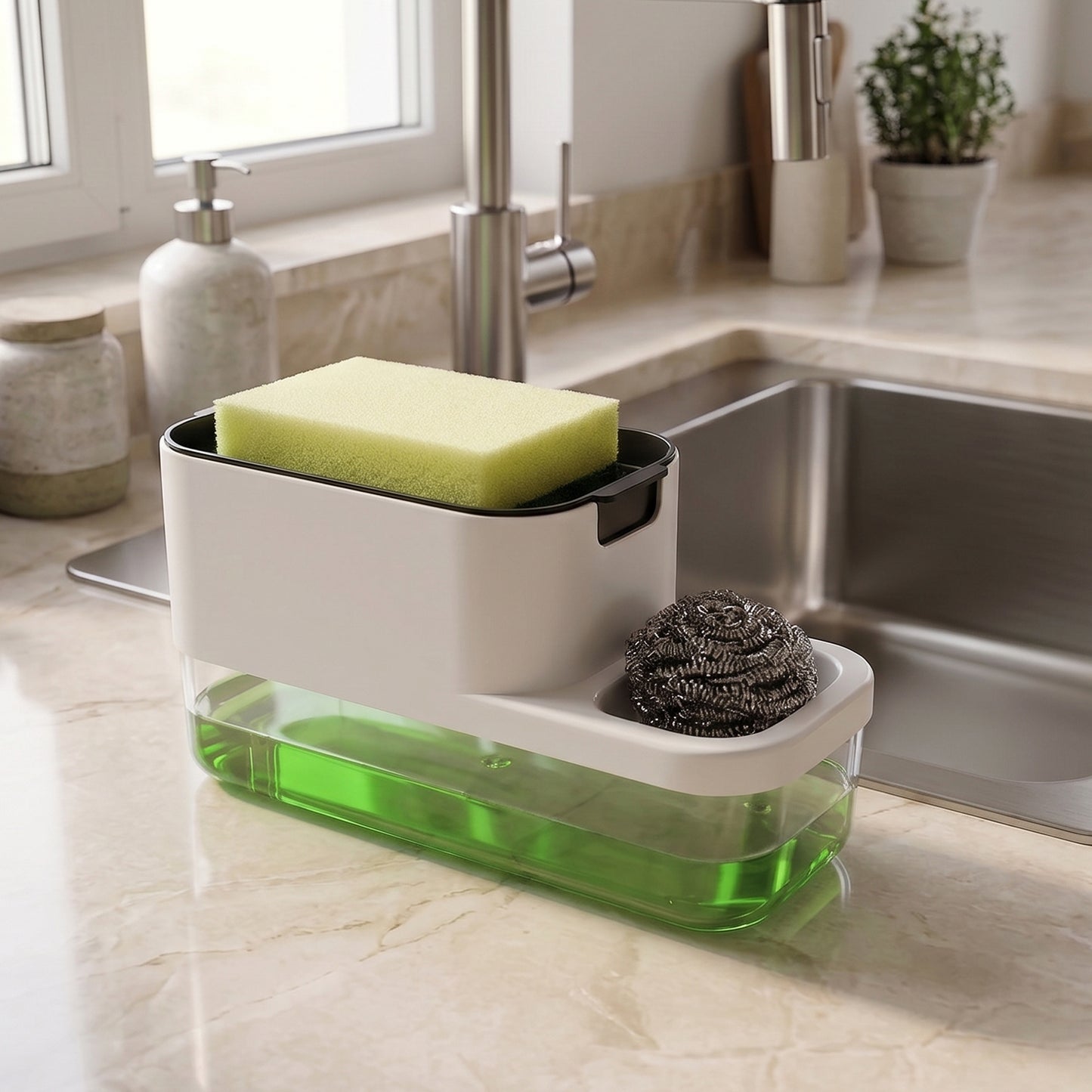 Side view of liquid soap dispenser with integrated sponge holder