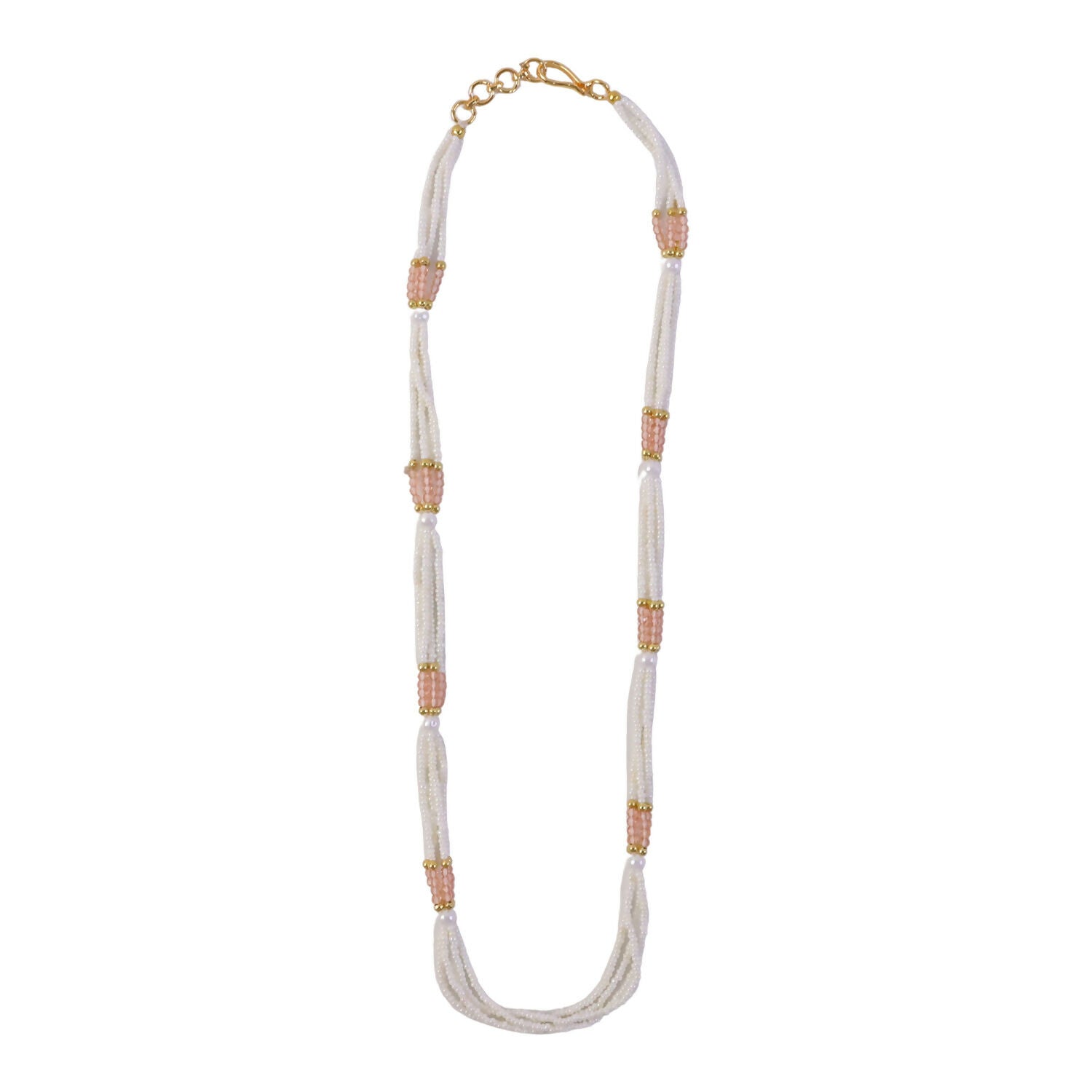 Layered strands of pearl beads with peach accents in traditional jewelry