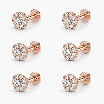 Individual rose gold flower cluster stud earring with sparkling crystals and flat post