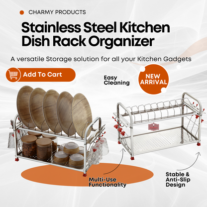 Regular Stainless Steel 12 x 18 Dish Rack | 2-Tier Kitchen Utensil Drainer | Plate Stand with Cutlery & Glass Holders