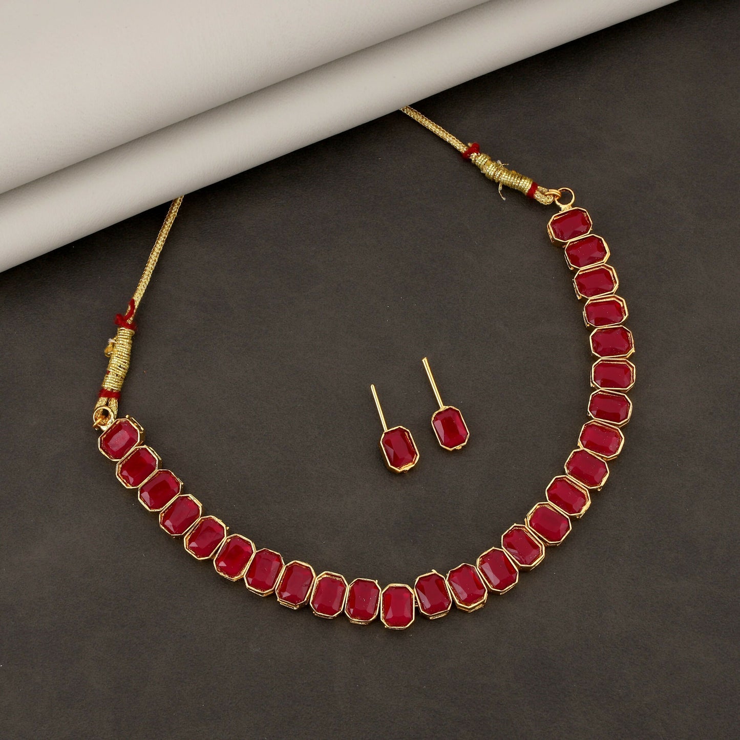 Regal Gold-Toned Choker Set with Ruby/Maroon Stones