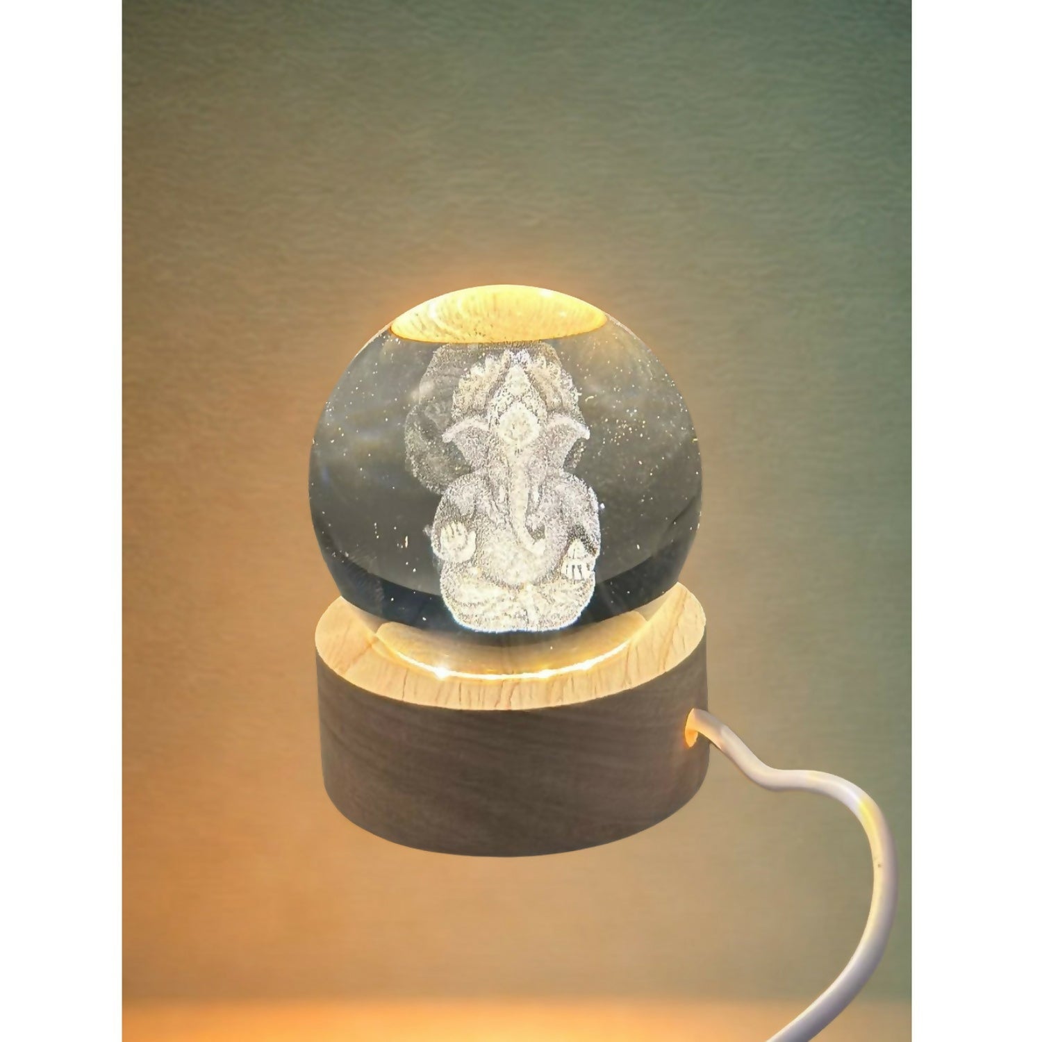 Ganesh 3D Crystal Ball LED Lamp with Wooden Base | USB Powered Night Light for Home Temple, Bedroom & Office | Spiritual Decorative Lamp for Gifting, Housewarming, Diwali & Meditation Décor