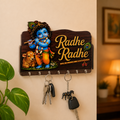 Krishna Radhe Radhe Wooden Key Holder with 7 Hooks Decorative Wall Organizer for Home