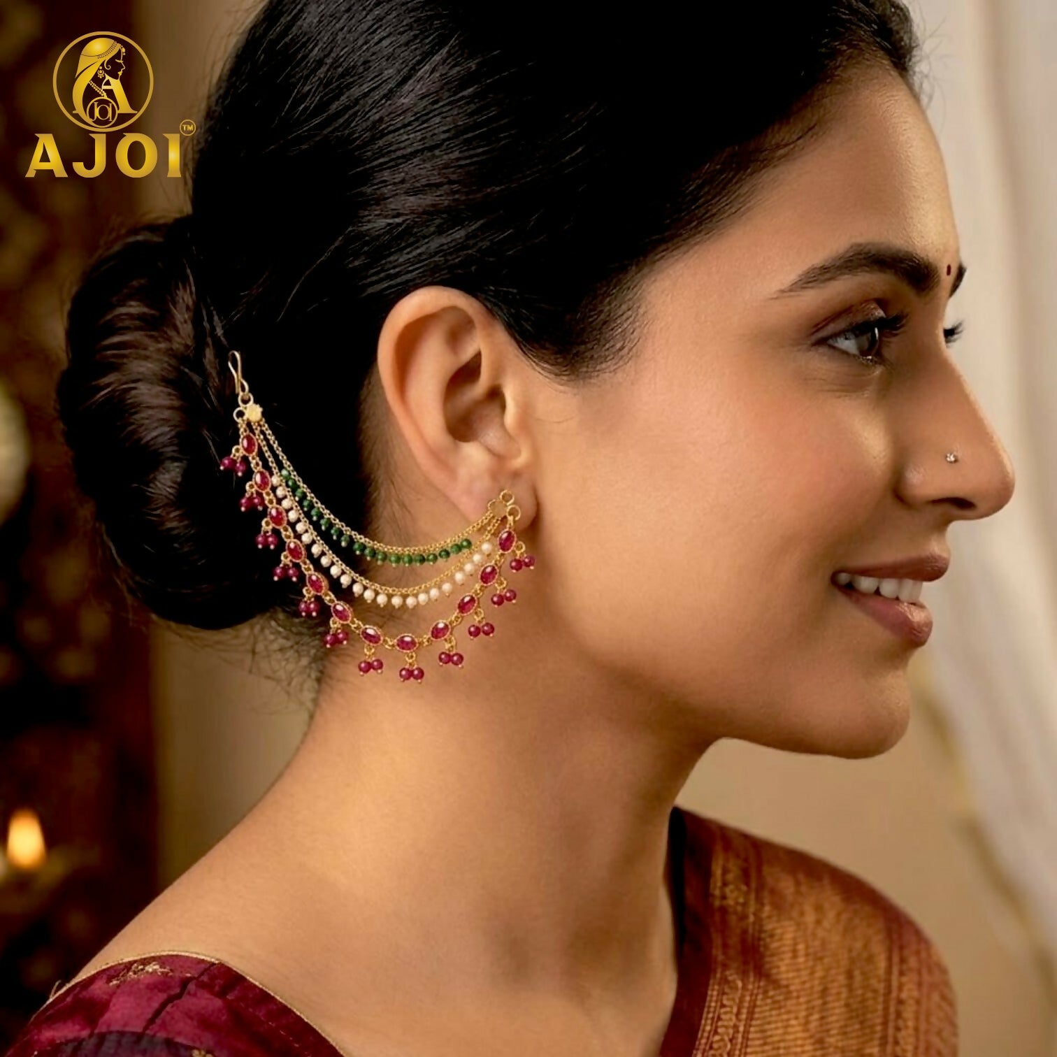 Jewellery – Traditional Indian Multi-Layer Chain Earrings with Ruby & Pearls