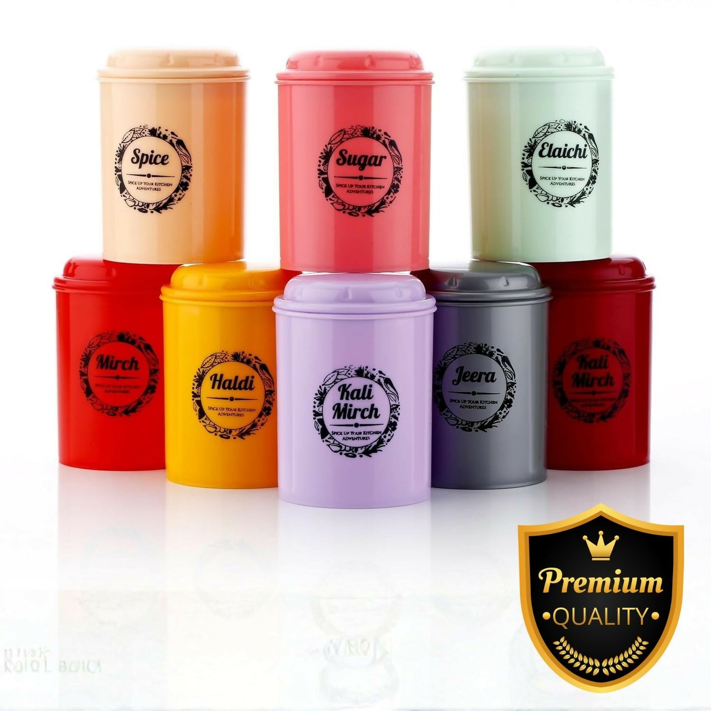 Eight colorful spice containers, including red, yellow, purple, gray, peach, pink, and mint, stacked in a pyramid
