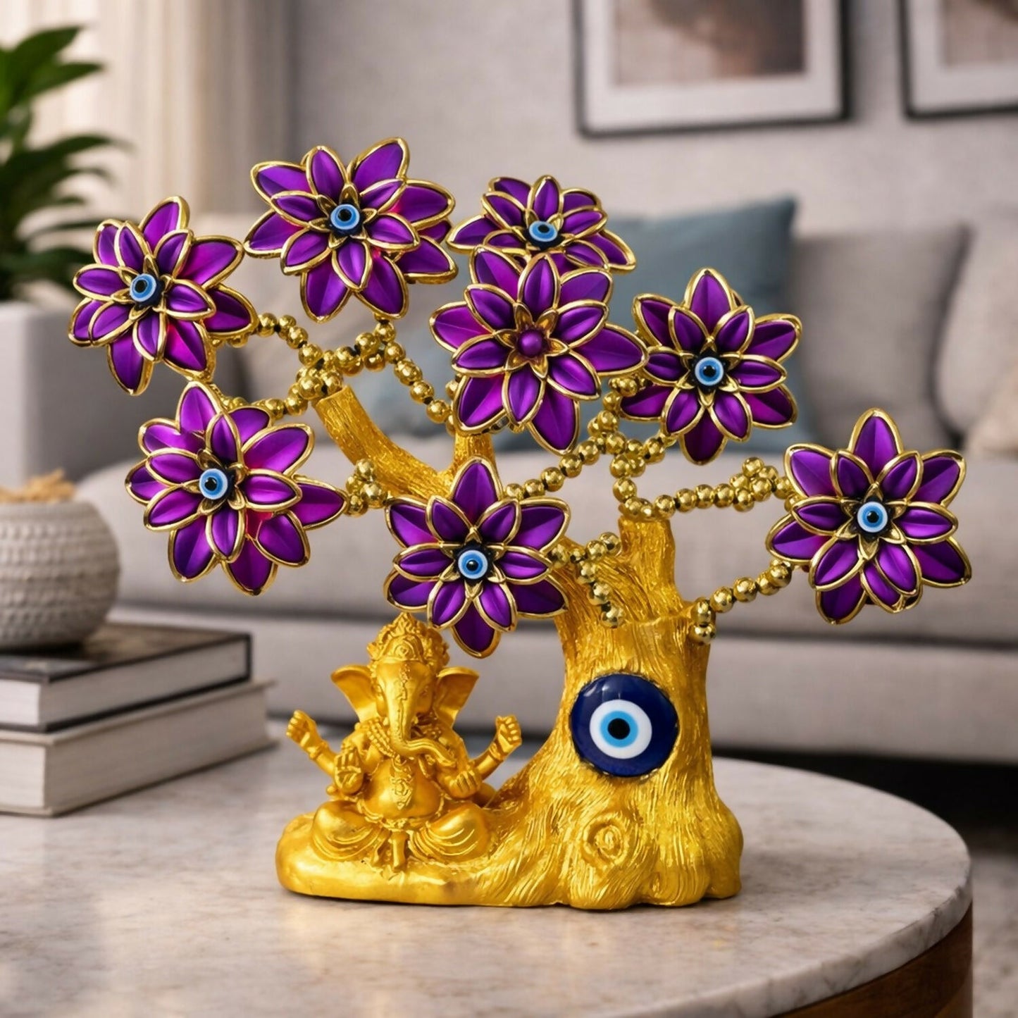 Golden Ganesh Tree with Purple Flowers & Evil Eye | Decorative Showpiece