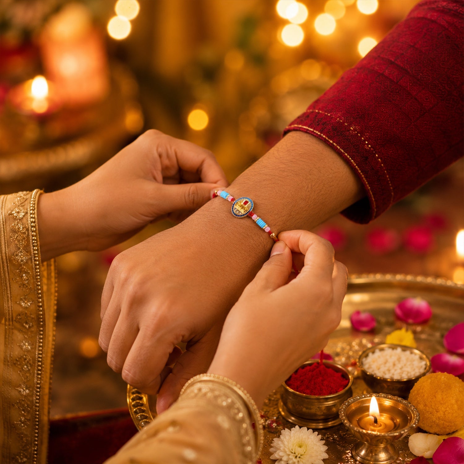Close-up of decorative beads on Lord Shivling Rakhi