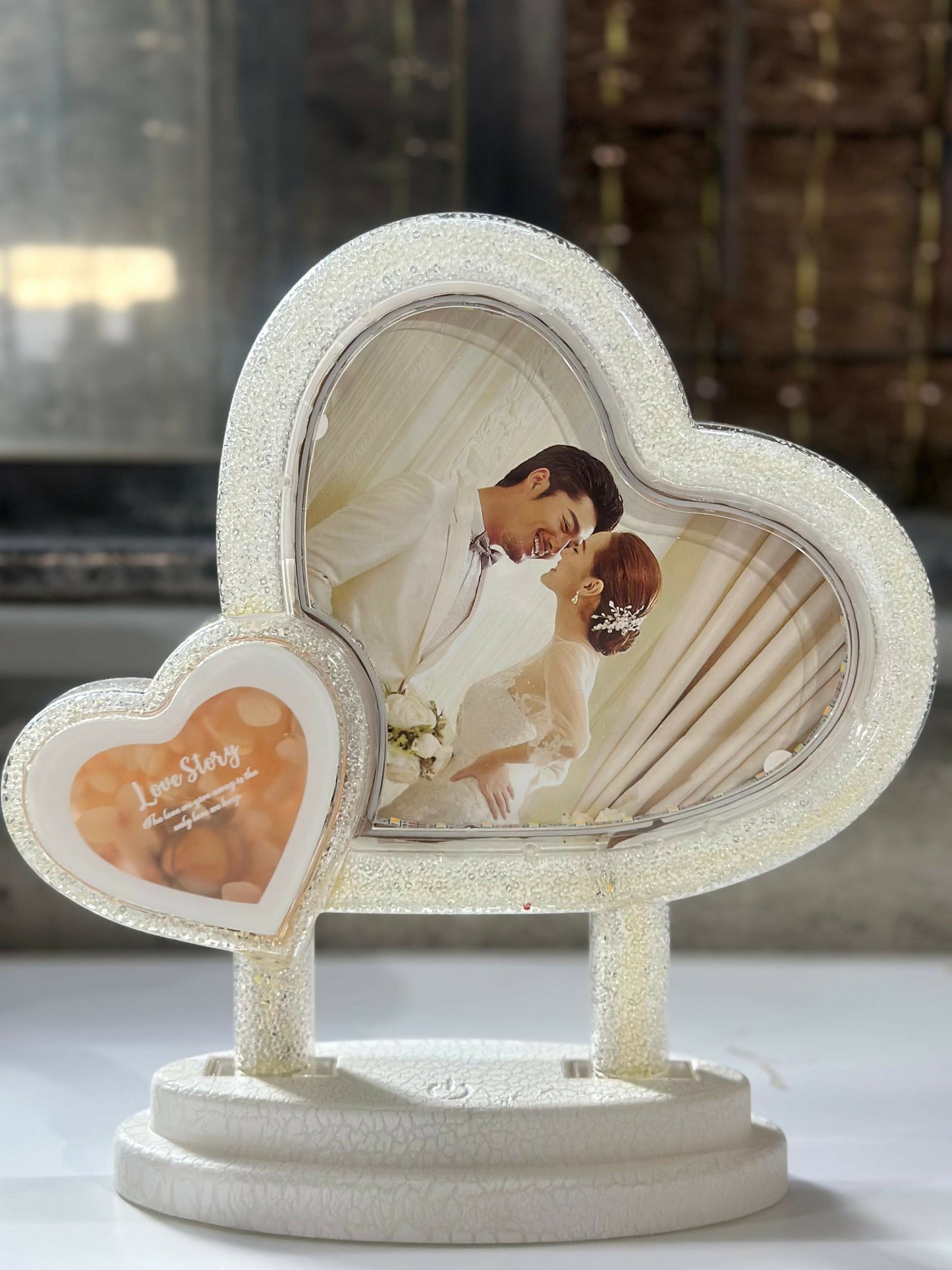 Heart-Shaped LED Double Photo Frame with “Love Story” Small Heart | Dual Romantic Couple Frame with Warm White Lights | Decorative Wedding, Anniversary & Valentine’s Gift Showpiece for Home & Bedroom Décor