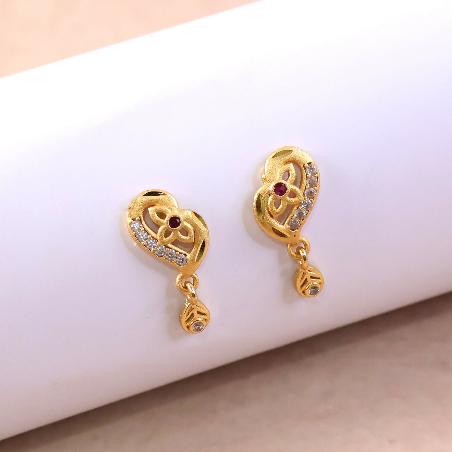Decorative Leaf Pattern Gold Stud Earrings With Embedded Stones And Drop Element