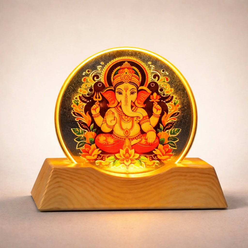 Warm LED light glowing through Lord Ganesha acrylic lamp