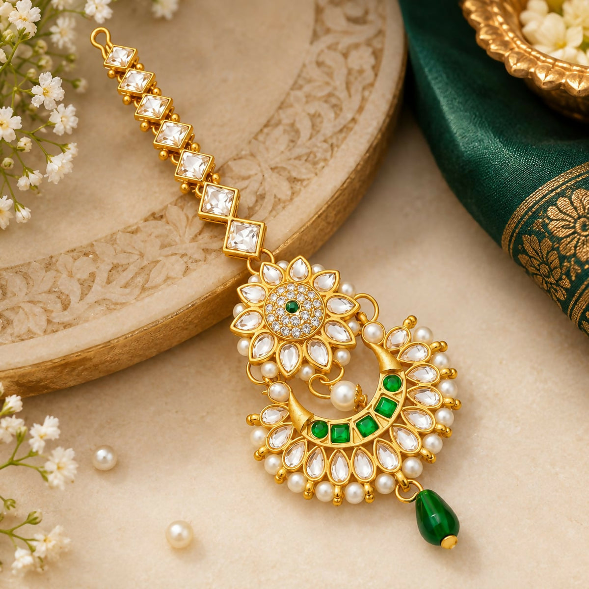 A gold-tone maang tikka with clear kundan stones, green gems, and small white pearls on a textured background.