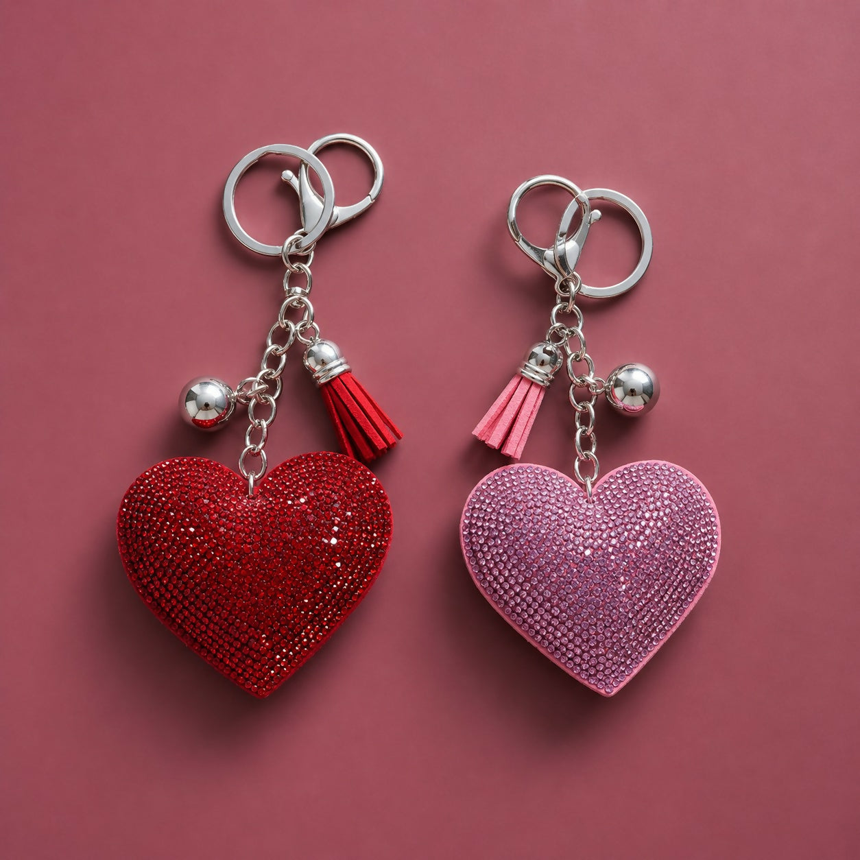 Shimmering heart crystal keychain lying flat with tassel