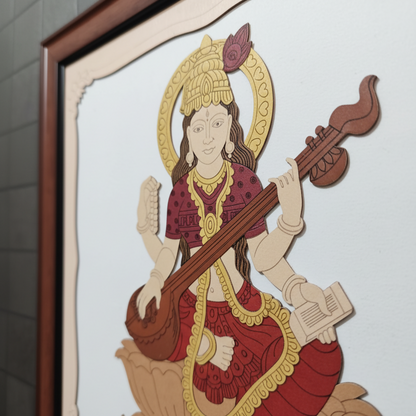 Goddess Saraswati Wooden Framed Wall Art | Handcrafted Hindu Religious Painting for Home, Office & Pooja Room | Premium Spiritual Decor