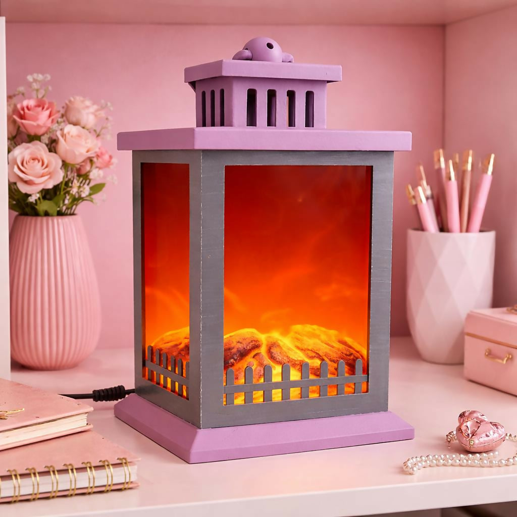 LED fireplace lantern table lamp showing realistic flickering flame