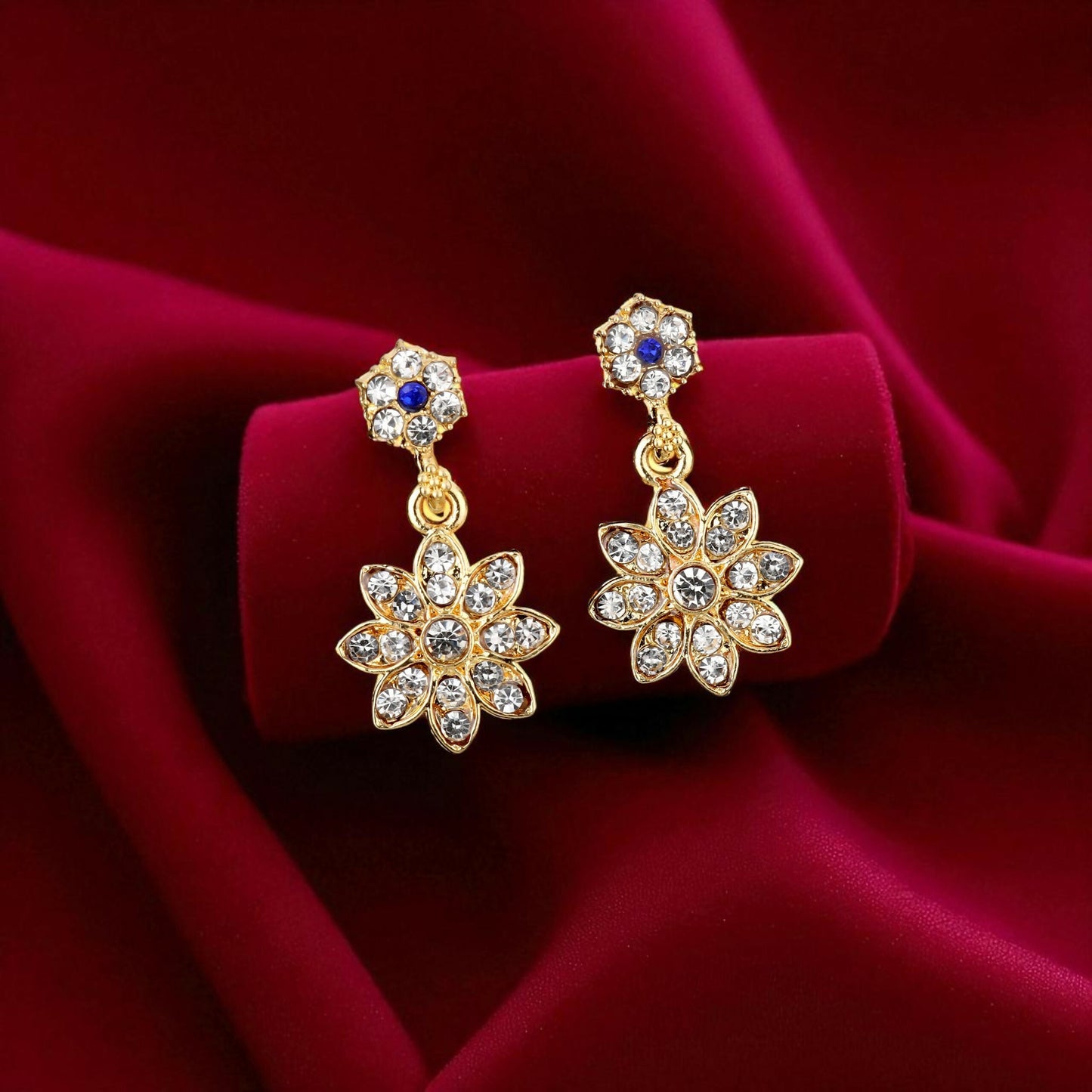 Diamond-Look Floral Choker Necklace Set with Blue Accents