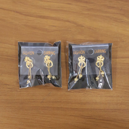 Elegant Gold-Toned Floral Drop Earrings Set with Chain Danglers & Beads (2 Pair)