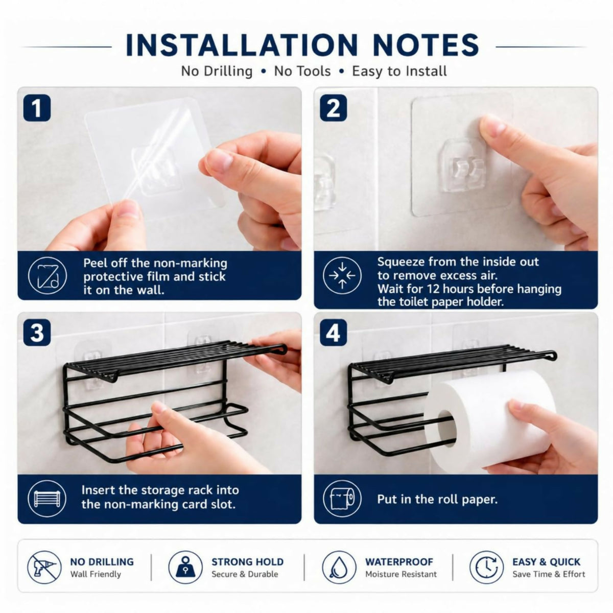 Detailed instructions demonstrating the self-adhesive installation of the black metal toilet paper holder.