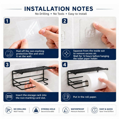 Detailed instructions demonstrating the self-adhesive installation of the black metal toilet paper holder.
