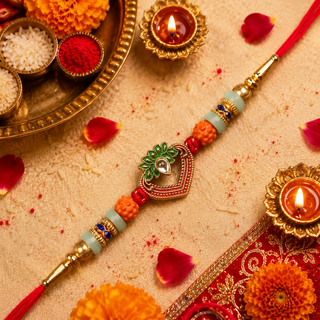 A red and gold bracelet with a heart charm and beads is centered on a gold surface, surrounded by small lit oil lamps and