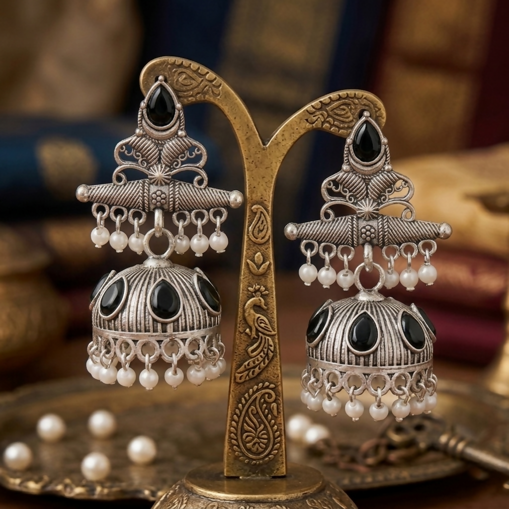 The oxidized silver jhumka earrings with black stones and white pearls are presented on a golden peacock-shaped jewelry
