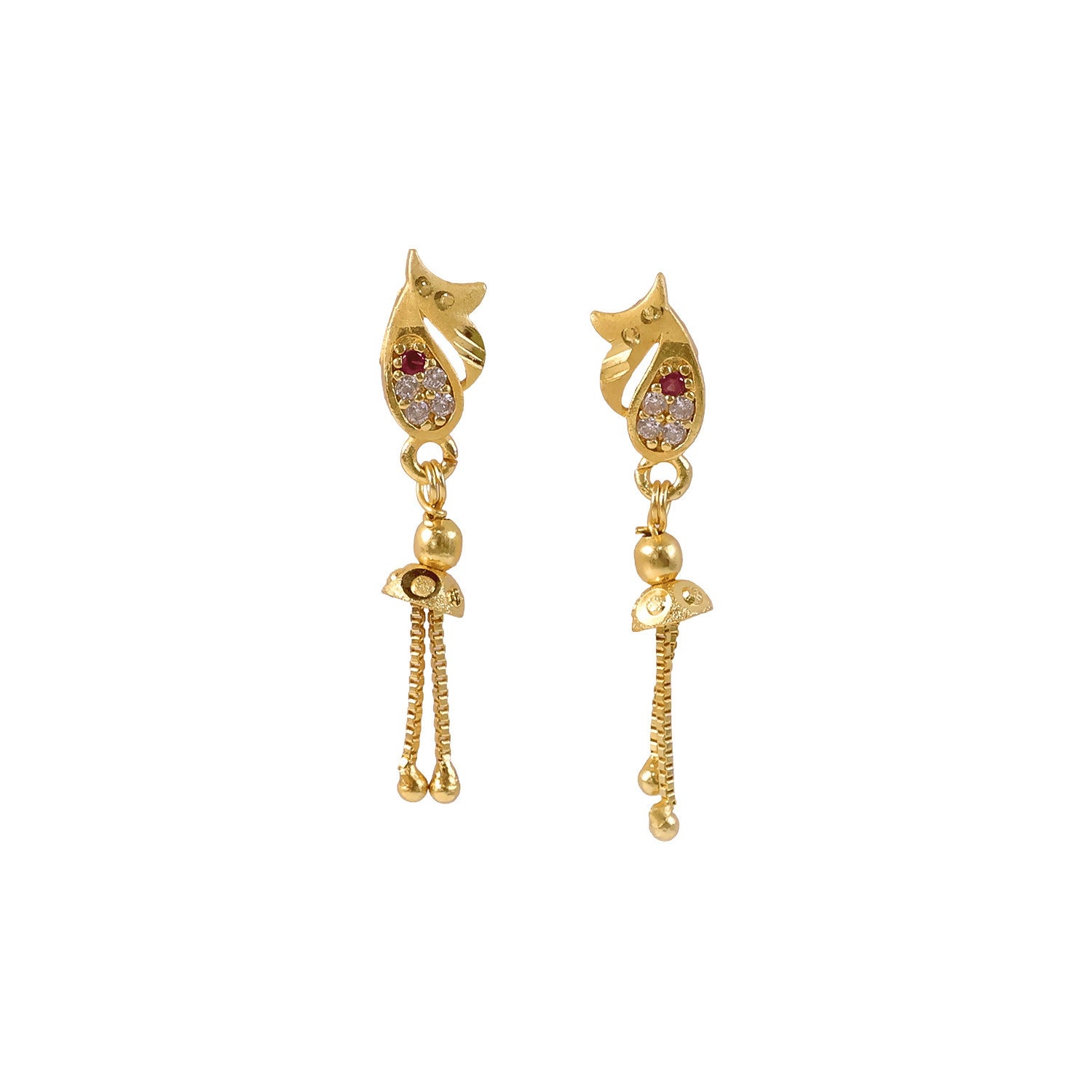 Pair of gold floral teardrop earrings angled view