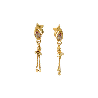 Pair of gold floral teardrop earrings angled view