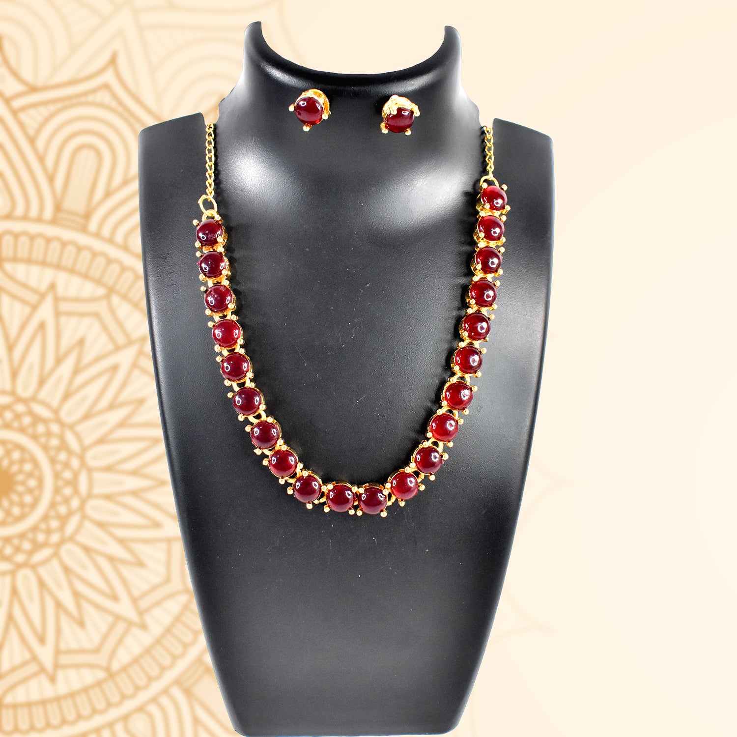 Kollam Supreme Gold-Plated Brass Red American Diamond Stone Necklace Set