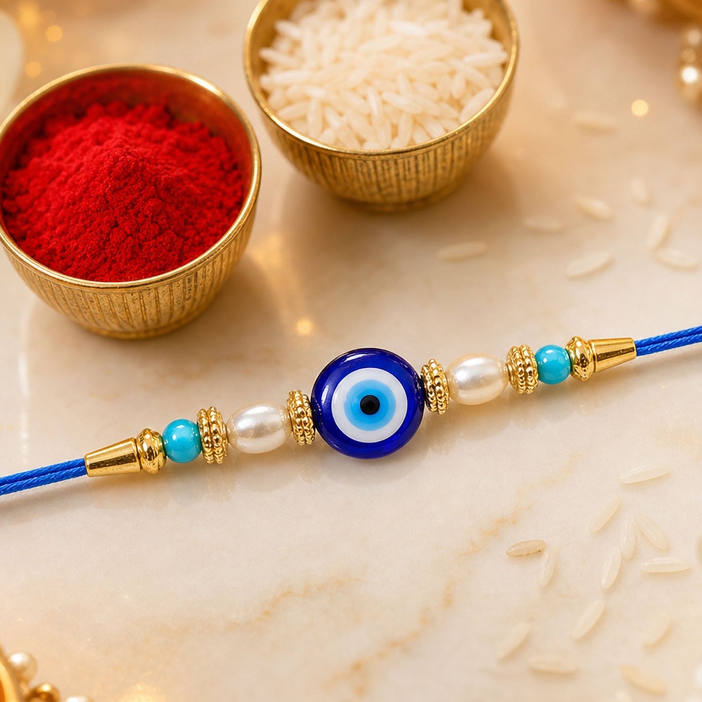 Elegant Blue Rakhi with central stone, pearl beads, and golden detailing for Raksha Bandhan.